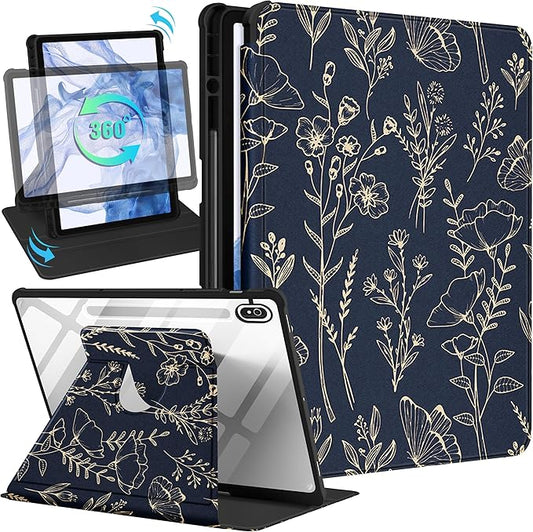 for Samsung Galaxy Tab S10 Fe Case - Tab S9 Fe/S9 Case with Pencil Holder Women Girl Cute Girly Pretty Black Floral Unique Aesthetic Design Teens Rotating Tablet Cases Cover