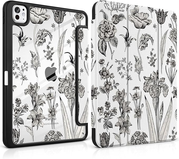 DONGKE for iPad Pro 11-Inch Case (M5 2025 / M4 2024) 6th/5th Generation [Auto Sleep/Wake &amp Pencil Pro Holder] Clear Acrylic Back Smart Trifold Stand Cover Black Florals