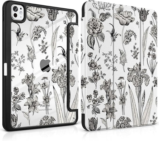 DONGKE for iPad Pro 11-Inch Case (M5 2025 / M4 2024) 6th/5th Generation [Auto Sleep/Wake &amp Pencil Pro Holder] Clear Acrylic Back Smart Trifold Stand Cover Black Florals