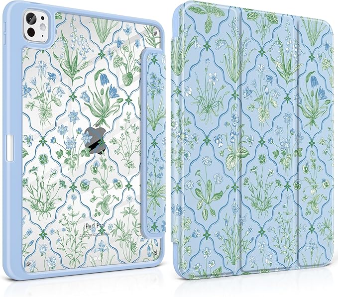 DONGKE for iPad Pro 11-Inch Case (M5 2025 / M4 2024) 6th/5th Generation [Auto Sleep/Wake &amp Pencil Pro Holder] Clear Acrylic Back Smart Trifold Stand Cover Lattice Floral