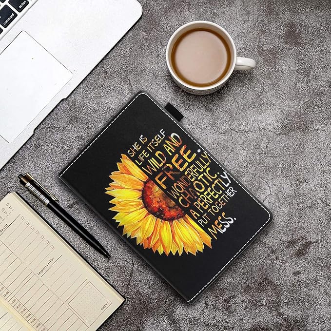 Case for Amazon Kindle Fire 7 Tablet (7 Display 9th/7th Generation 2019/2017 Release) - PU Leather Folio Case with Smart Auto Wake/Sleep Sunflower Floral Quote