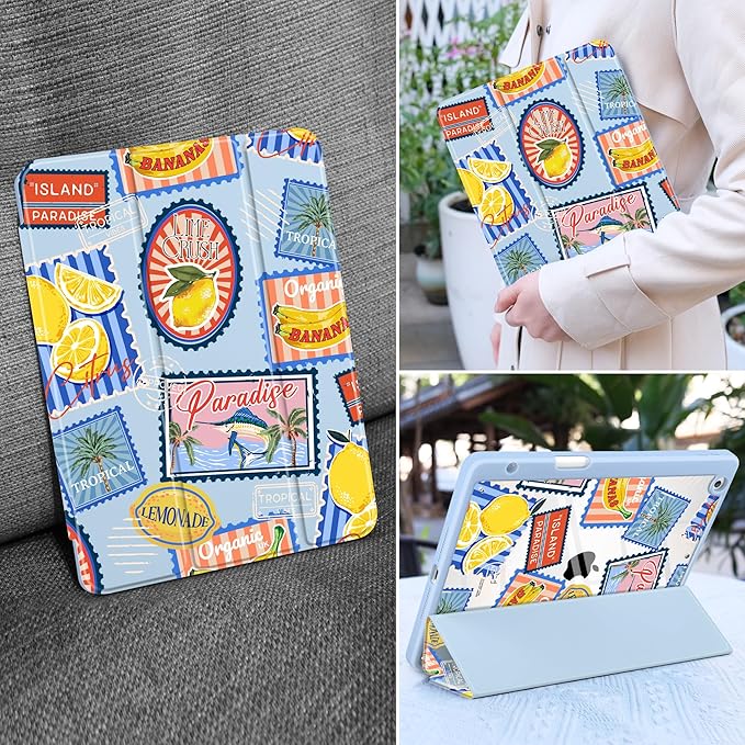 MEEgoodo Case for iPad 10.2 inchTablet Cases for iPad 9th Generation 2021/8th Gen 2020/7th Gen 2019 with Clear Acrylic Back Shell+Pencil Holder+Auto Wake/Sleep+Trifold Stand Retro Tropical Pattern