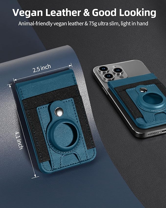 for Magsafe Wallet Stand with Airtag Holder Strongest Magnetic Wallet for iPhone 17/16/15/14/13/12 Series ID Window 4 Card Slots 10 Cards Holder Vegan Leather RFID Blocking Dark Blue
