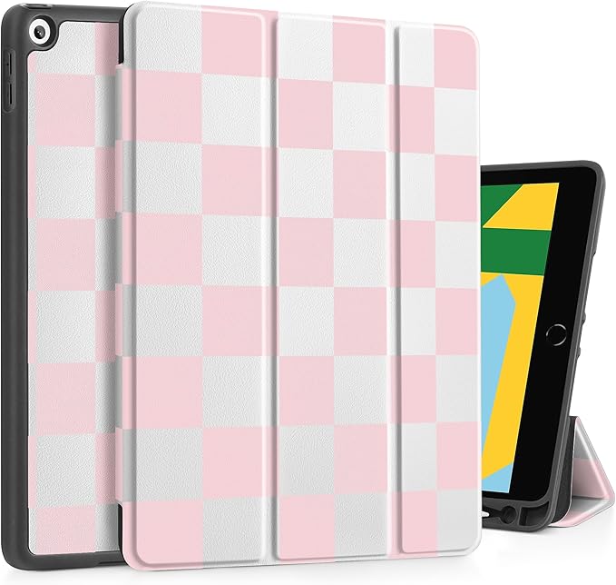 Tuiklol Case for iPad 10.2 Inch 2021 2020 2018 Release 9th / 8th / 7th Generation Built-in Pencil Holder TPU Protective Stand Back Cover Trifold Stand-Auto Wake/Sleep Lattice Pink
