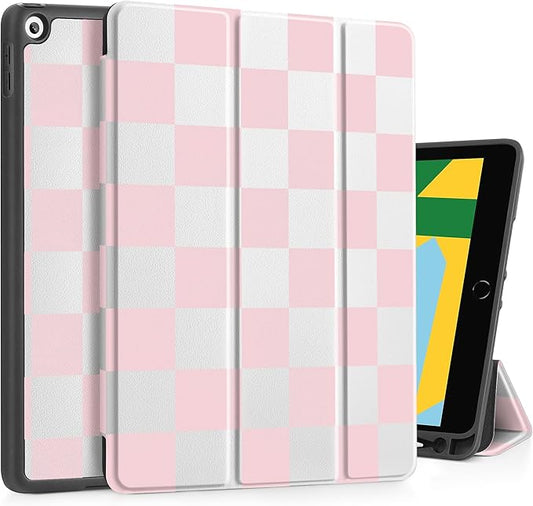 Tuiklol Case for iPad 10.2 Inch 2021 2020 2018 Release 9th / 8th / 7th Generation Built-in Pencil Holder TPU Protective Stand Back Cover Trifold Stand-Auto Wake/Sleep Lattice Pink