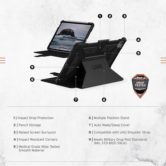 URBAN ARMOR GEAR UAG Designed for iPad Air 10.9 inch Case iPad 5th Generation 2022 Case Black Rugged Smooth Exterior Multi-Angle Viewing Folio Stand w/Pencil Holder Metropolis SE Protective Cover