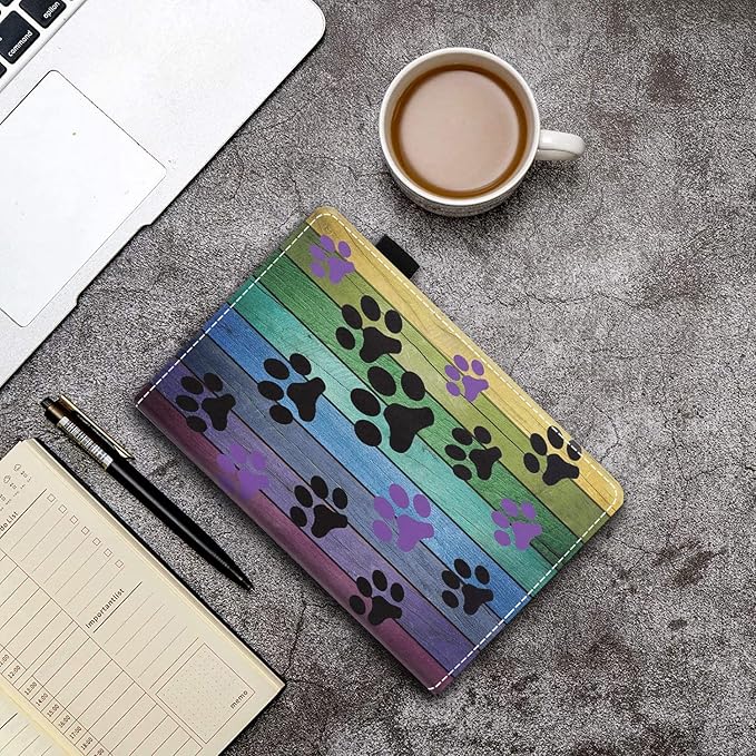 Case for Kindle Fire HD 10/Fire HD 10 Plus Tablet (11th Generation 2021 Release) Premium PU Leather Cover with Card Slot &amp Pencil Holder Rustic Rainbow Woodgrain Dog Paw Print