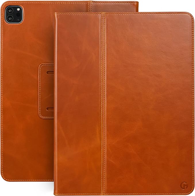 Casemade Real Leather Case Compatible with iPad Air 13-inch M4 (2026) M3 (2025) M2 (2024) / Pro 12.9-inch (4th/5th/6th/Gen) - Full-Grain Leather Cover Auto Sleep/Wake Dual Stand Position (Tan)