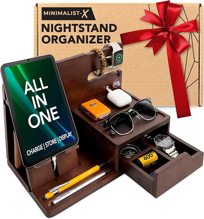 Nightstand Organizer- Bedside Docking Station for Men- Unique Gifts for Husband Father or Dad from Wife Son or Daughter- Desk Organizer for Phone Watches Wallet &amp Accessories (Brown)