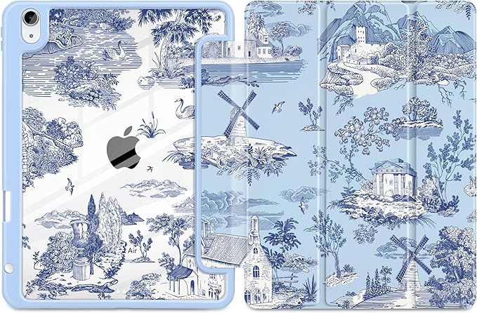DONGKE Case for iPad Air 11-inch M4 2026 &amp M3 2025 &amp M2 2024 iPad Air 5th/4th Generation 10.9 2022/2020 [Built-in Pencil Holder] Clear Acrylic Back Trifold Stand Smart Cover Toile Pattern