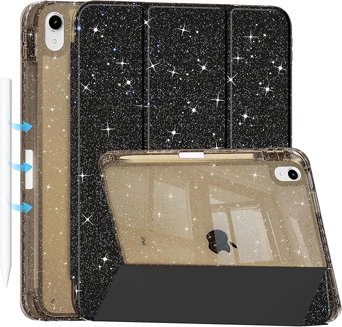 Tuiklol Sparkly Case for iPad (A16 Chip) 11th Gen 11 inch 2025 / iPad 10th Gen 10.9 inch 2022 Built in Pencil Holder with Glitter Clear Back Shell Cover Trifold Stand Auto Wake/Sleep Sparkly-Black