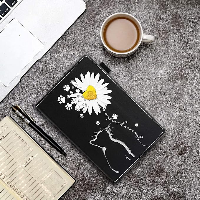 Case for All-New Amazon Kindle Fire 7 Tablet (7 12th Generation 2022 Release) Latest Model - PU Leather Folio Case with Smart Auto Wake/Sleep Cat and Daisy Flower