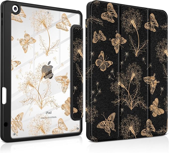 MEEgoodo Case for iPad 10.2 inchTablet Cases for iPad 9th Generation 2021/8th Gen 2020/7th Gen 2019 with Clear Acrylic Back Shell+Pencil Holder+Auto Wake/Sleep+Trifold StandButterflies &amp Dandeli