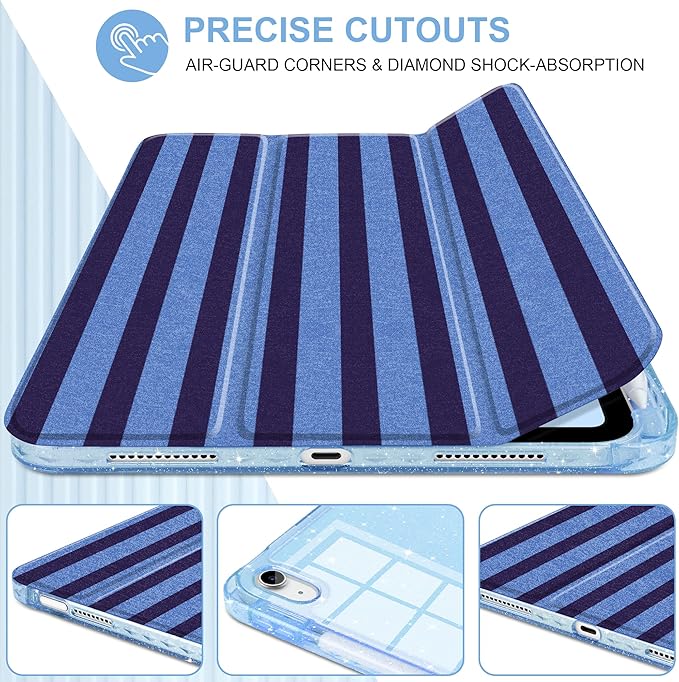 TWOLSKOO Sparkly Case for iPad Pro 11 inch (M5 2025 / M4 2024) Glitter Hard Acrylic Back with Pencil Holder Slim Trifold Stand Folio Cover Auto Sleep/Wake Blue Stripes
