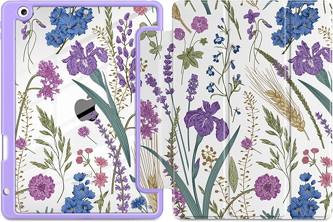DONGKE for iPad 9th/8th/7th Generation Case 10.2 Inch (2021/2020/2019) [Auto Sleep/Wake &amp Pencil Holder] Clear Acrylic Back Trifold Stand Cover Purple Botanical Wildflower