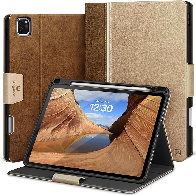 KingBlanc Case for iPad Pro 11 inch (M5 2025/M4 2024) with Pencil Holder Vegan Leather Smart Stand Cover Auto Sleep Wake Support Pencil Pro/(USB-C) Viewing/Typing Angle Durable Protection Beige