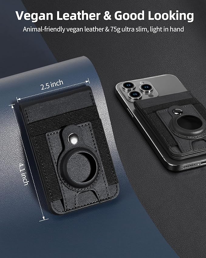 For Magsafe Wallet Stand with Airtag Holder Strongest Magnetic Wallet for iPhone 17/16/15/14/13/12 Series ID Window 4 Card Slots 10 Cards Holder Vegan Leather RFID Blocking Black