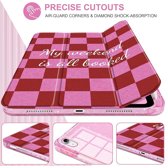 DONGKE for iPad Pro 11 inch Case – Fits M5 2025 / M4 2024 Shockproof Sparkling Glitter Acrylic Back Pencil Holder Trifold Stand Auto Sleep/Wake &amp Touch ID Support - Red Checkerboard
