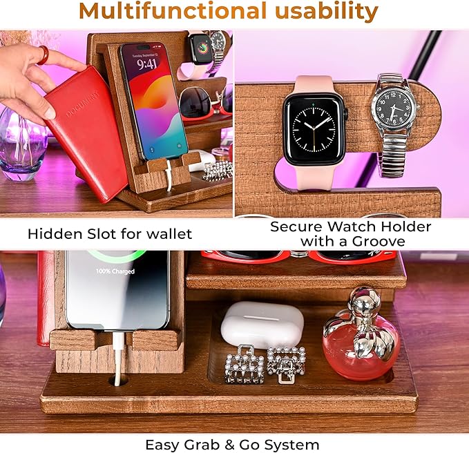TESLYAR Wood Phone Docking Station for Men - Desktop or Nightstand Organizer - Birthday Gifts for Men Dad - Anniversary Idea from Wife - Key Holder Stand Wallet Watch &amp Essentials (Earth Beige)