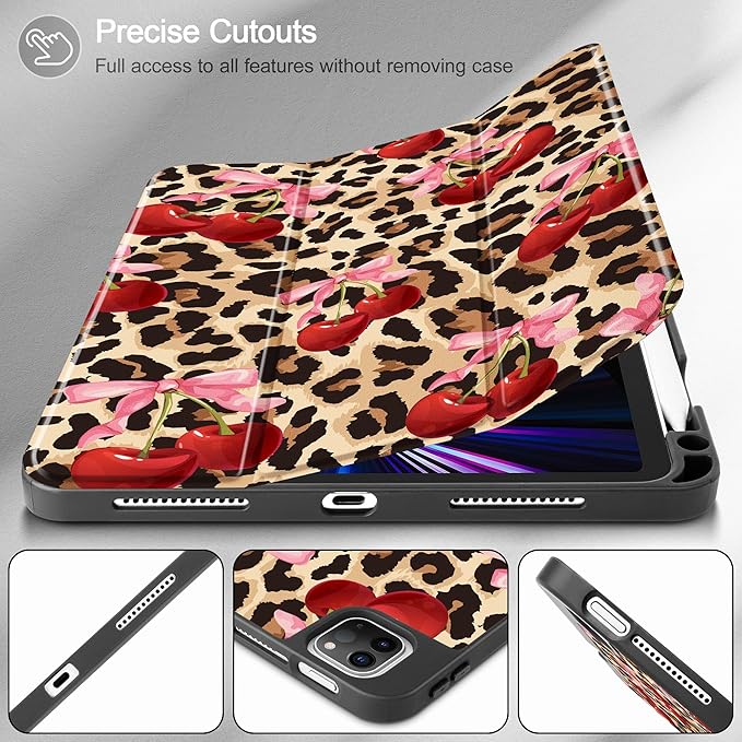May Chen Case for iPad Pro 11 inch (4th 3rd 2nd &amp 1st Gen) 2022 2021 2020 2018 Trifold Stand + Pencil Holder + Auto Wake/Sleep + Soft TPU Protective Stand Back Cover Cherry &amp Cheetah
