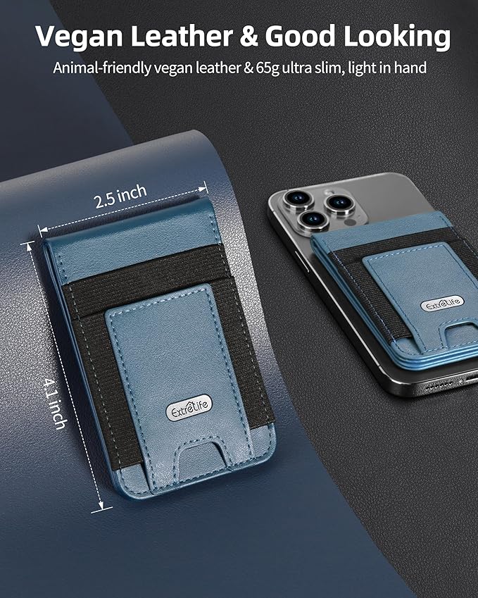 For Magsafe Wallet Stand Strongest Magnetic Phone Wallet Leather Magnetic Card Holder Wallet for iPhone 17/16/15/14/13/12 Series ID Window 4 Card Slots Hold 10 Cards RFID Blocking Blue