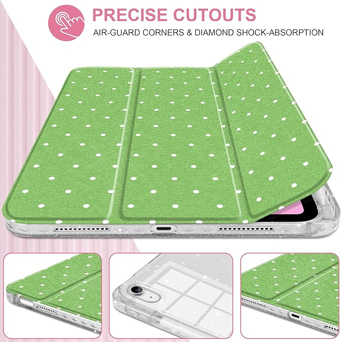 MEEgoodo Case for iPad A16 11th Generation 2025/10th Generation 2022 Glitter Tablet Cases with Transparent Acrylic Back+Trifold Stand +Pencil Holder+Auto Wake/SleepWhite Dots and Green