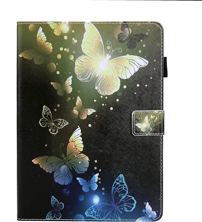 Fire HD 10 Case (9th Gen 2019 &amp 7th Gen 2017) with Pencil Cards Holder [Multiple Angle Viewing] Stand Smart PU Leather Cover [Auto Sleep/Wake] for Amazon Kindle Fire 10.1 Gold Butterflies