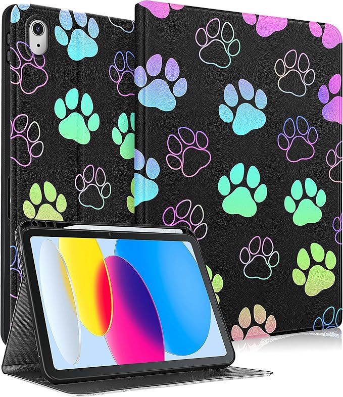 for iPad 10th Generation Case 10.9 Inch for iPad 11th(A16) 2025 Girls Cute Kids Women Folio Cover Pencil Holder Dog Paw Print Cool Design Funny Kawaii Teens Tablet Cases for Apple 10/11