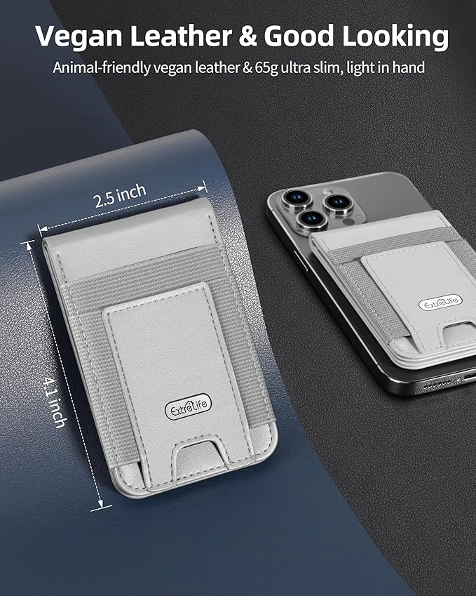 For Magsafe Wallet Stand Strongest Magnetic Wallet for iPhone 17/16/15/14/13/12 Series Magnetic Card Holder with 4 Card Slots ID Window10 Cards Holder Vegan Leather RFID Blocking Gray
