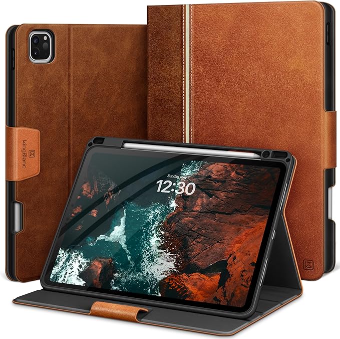 KingBlanc Case for iPad Pro 11 inch (M5 2025/M4 2024) with Pencil Holder Vegan Leather Smart Stand Cover Auto Sleep Wake Support Pencil Pro/(USB-C) Viewing/Typing Angle Durable Protection Brown