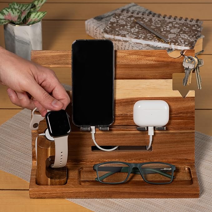 Wood Phone Docking Station for Men Nightstand Organizer Gifts for Him from Daughter Son Wife Christmas Anniversary Birthday Gift Ideas for Husband Him