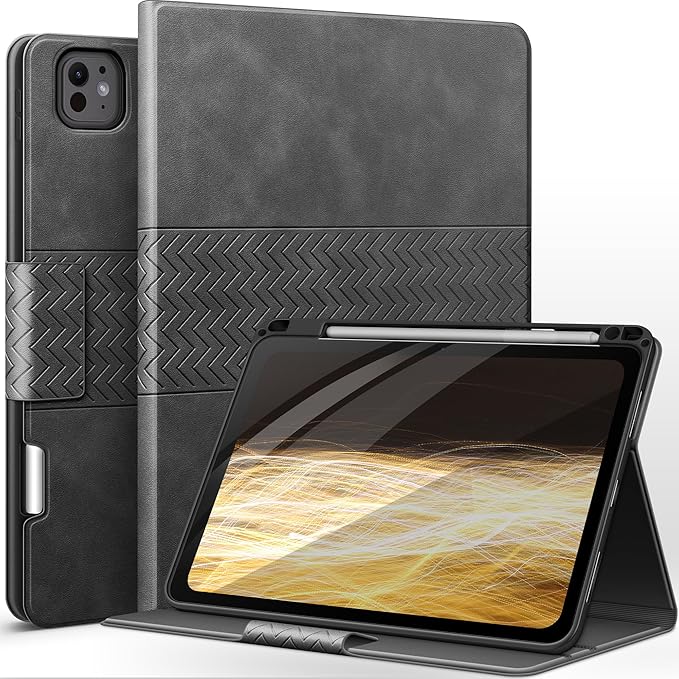 auaua Case for iPad Pro 11 Inch (M5/M4) 2025/2024 PU Leather Case with Pencil Holder Supports Pencil Pro and Pencil(USB-C) Adjustable Angles Auto Sleep/Wake (Grey)
