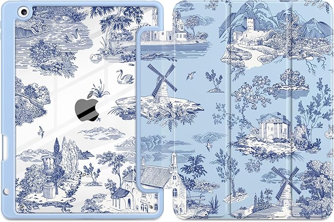 DONGKE for iPad 9th/8th/7th Generation Case 10.2 Inch (2021/2020/2019) [Auto Sleep/Wake &amp Pencil Holder] Clear Acrylic Back Trifold Stand Cover Toile Pattern