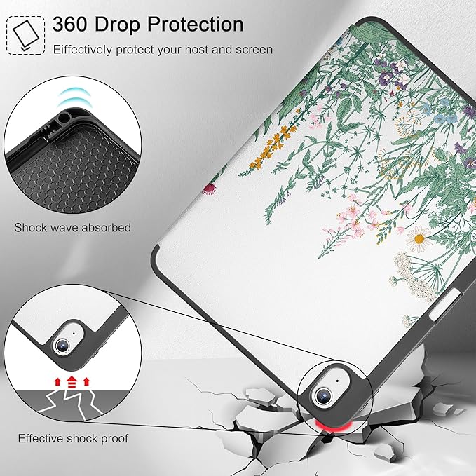 May Chen for iPad (A16) 11th Generation Case 11 Inch 2025 iPad 10th Gen Case 2022 10.9 inch Trifold Stand with Auto Wake/Sleep Soft TPU Protective Stand Back Cover Herbs Flowers