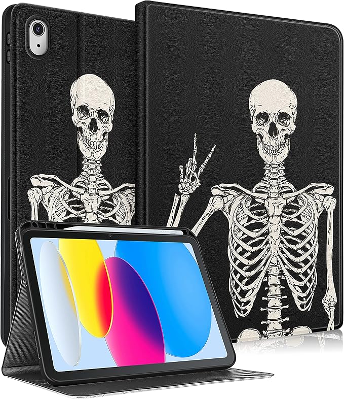for iPad 10th Generation Case 10.9 Inch for iPad 11th(A16) 2025 Cute Boys Women Folio Cover Pencil Holder Skeleten Skull Horror Cool Design Funny Fun Teen Unique Tablet Cases for Apple 10/11