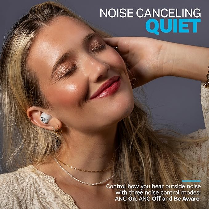 JLab Go Pop ANC True Wireless Earbuds &amp Charging Case Cloud White Active Noise Cancelling 10mm Drivers Dual Connect Customize Your Sound with App Be Aware Mode Compact Fit MEMS Microphone