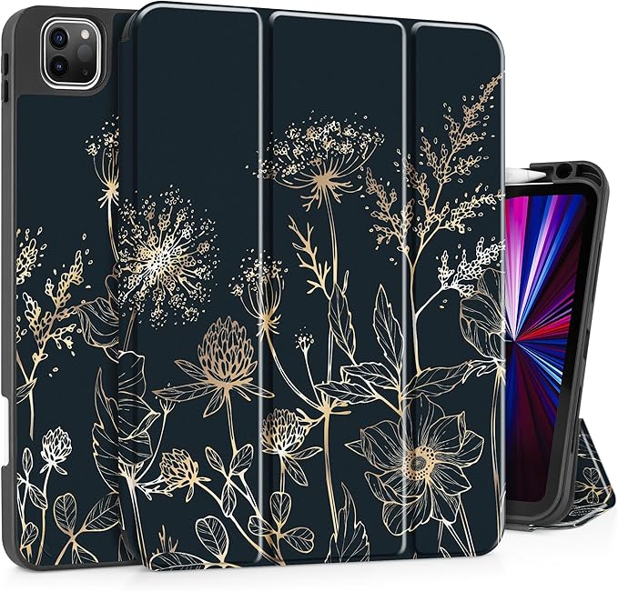 May Chen Case for iPad Pro 11 inch (4th 3rd 2nd &amp 1st Gen) 2022 2021 2020 2018 Trifold Stand + Pencil Holder + Auto Wake/Sleep + Soft TPU Protective Stand Back Cover Abstract Floral