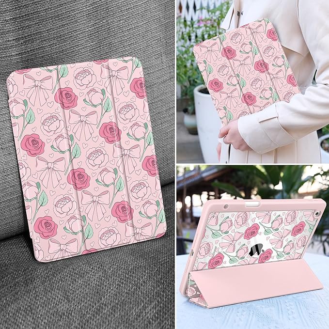 MEEgoodo Case for iPad 10.2 inchTablet Cases for iPad 9th Generation 2021/8th Gen 2020/7th Gen 2019 with Clear Acrylic Back Shell+Pencil Holder+Auto Wake/Sleep+Trifold Stand Pink Peony &amp Bow