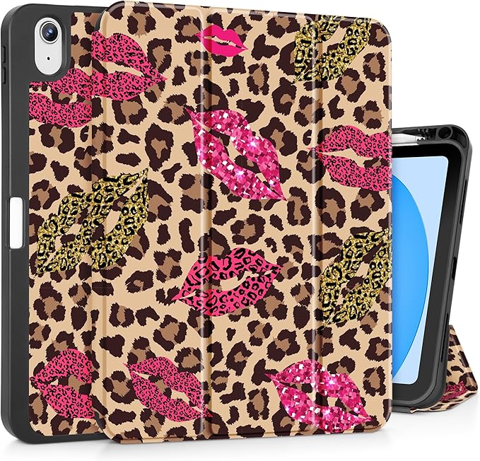 Tuiklol Case for iPad 10.2 Inch 2021 2020 2018 Release 9th / 8th / 7th Generation Built-in Pencil Holder TPU Protective Stand Back Cover Trifold Stand-Auto Wake/Sleep Leopard &amp Mouth