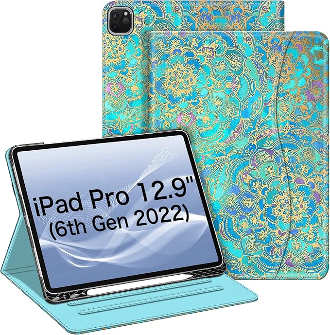 Fintie Folio Case for iPad Pro 12.9 6th Generation 2022 Multi-Angle Smart Stand Cover w/Pencil Holder &amp Pocket Also Fit iPad Pro 12.9 2021 5th &amp 2020 4th &amp 2018 3rd Gen Shades of Blue