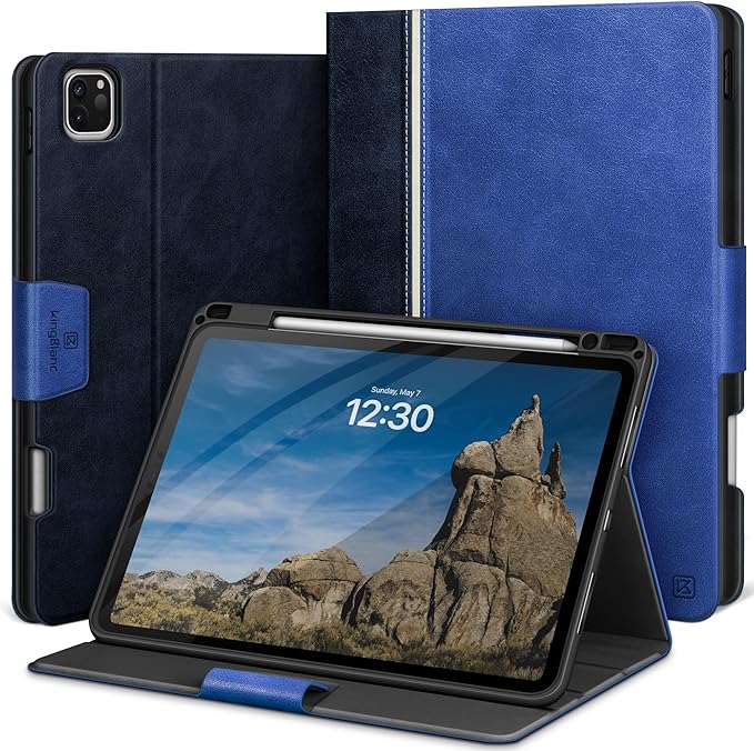 KingBlanc Case for iPad Pro 11 inch (M5 2025/M4 2024) with Pencil Holder Vegan Leather Smart Stand Cover Auto Sleep Wake Support Pencil Pro/(USB-C) Viewing/Typing Angle Durable Protection Blue