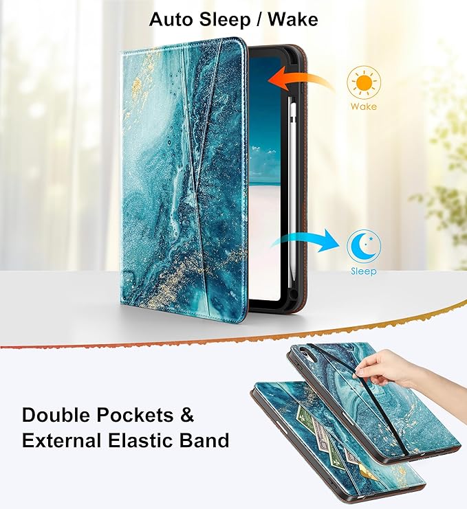 DTTO for iPad A16 Case iPad 11th / 10th Generation Case (2025/2022) 360 Degree Rotating Premium Leather Folio Stand Cover with Pencil Holder Sandy Wave