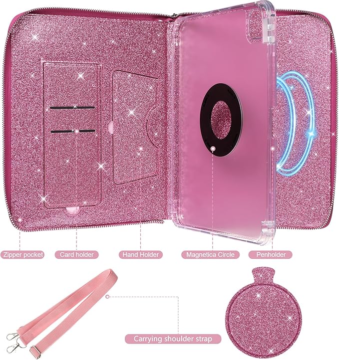 E NET-CASE Case for iPad Air 11 M4/M3/M2 (2026/2025/2024)/iPad (A16) 11th Gen 11 2025/iPad Air 5th/4th Gen (2022/2020) 10.9with Pen Holder/Hand Strap/Carrying Shoulder Strap (Pink)