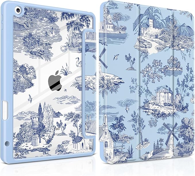 DONGKE for iPad 9th/8th/7th Generation Case 10.2 Inch (2021/2020/2019) [Auto Sleep/Wake &amp Pencil Holder] Clear Acrylic Back Trifold Stand Cover Toile Pattern