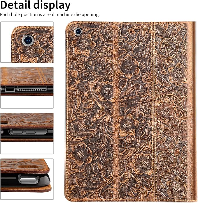 Gexmil Leather Case for iPad 10.2 Inch iPad 9th/8th/7th GenCowhide Folio Cover for iPad 2021/2020/2019 Genuine Leather case Auto Wake/SleepAdjustable StandFloral Brown