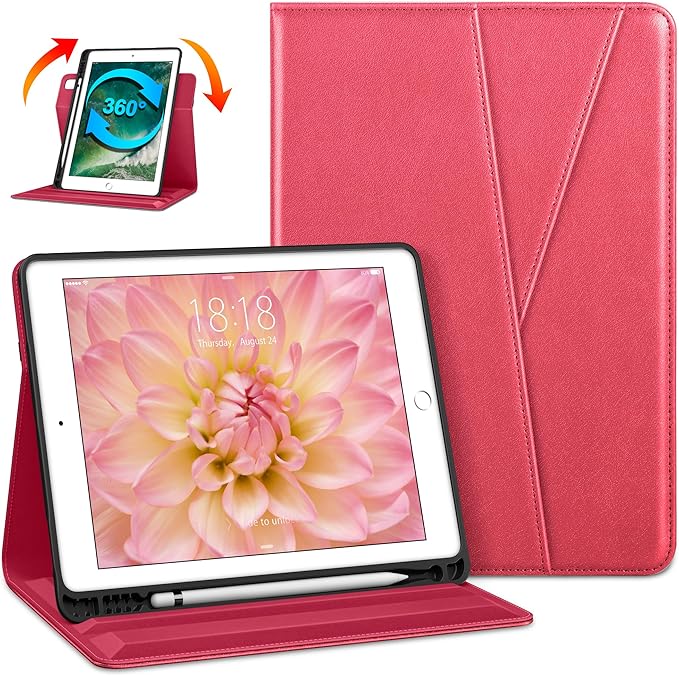 DTTO Rotating Case for iPad 6th / 5th Generation 9.7 Inch 2018/2017 iPad Air 2 / Air 1 Case 360 Degree Swiveling Premium Leather Folio Stand Cover with Pencil Holder-Auto Wake/Sleep Watermelon Red