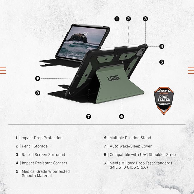 URBAN ARMOR GEAR UAG Designed for iPad Air 10.9 inch Case iPad 5th Generation 2022 Case Green Olive Rugged Smooth Exterior Multi-Angle Viewing Folio w/Pencil Holder Metropolis SE Protective Cover