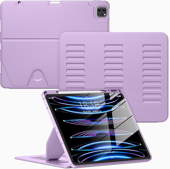 VIKESI Case for iPad Pro 12.9 6th / 5th / 4th / 3rd Generation Case 2022/2021/2020/2018Multiple Angles Magnetic Stand CoverShockproof Soft BackPencil Holderand Auto Sleep/WakeLilac
