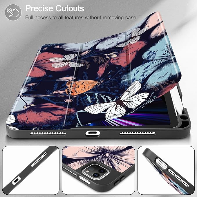 May Chen Case for iPad Pro 11 inch (4th 3rd 2nd &amp 1st Gen) 2022 2021 2020 2018 Trifold Stand + Pencil Holder + Auto Wake/Sleep + Soft TPU Protective Stand Back Cover Flowers &amp Butterflies