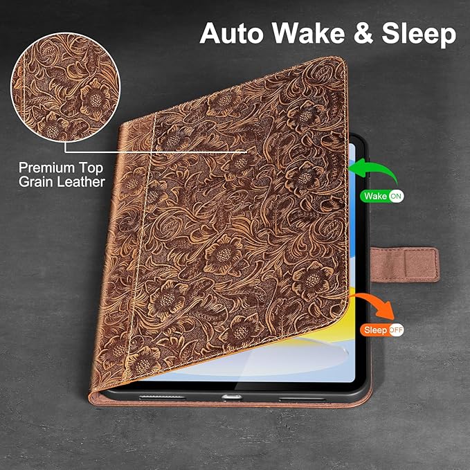 Gexmil Leather Case for iPad (A16) 11th Generation 11 Inch 2025 iPad 10th Generation 10.9 Inch 2022Protective Cover with Magnetic ClosureAuto Sleep/WakeFloral Brown